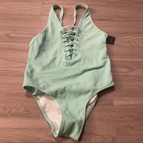 NWT Free press small green ribbed laced up one piece cheeky swimsuit size small - Picture 1 of 7